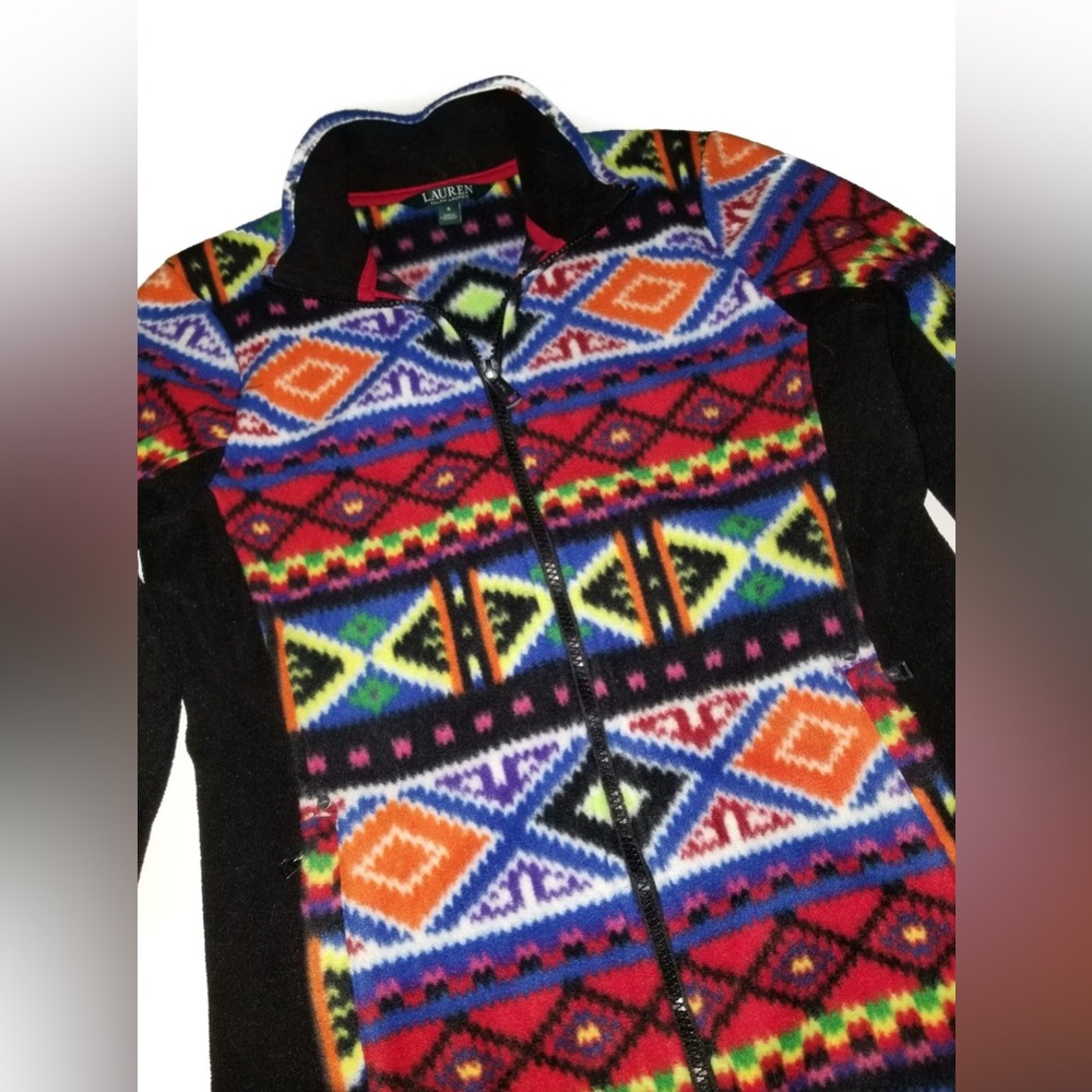 RALPH LAUREN Fleece Jacket Black Multi Aztec Southwest Full Zip EUC Womens Sz. M - Picture 9 of 9